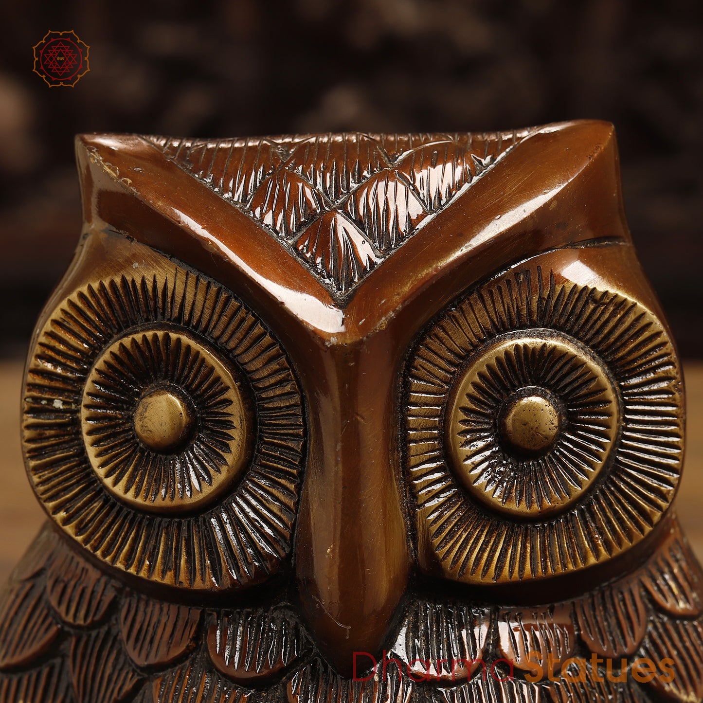 Brass Owl Statue, Copper with Golden Finish, 7.5"