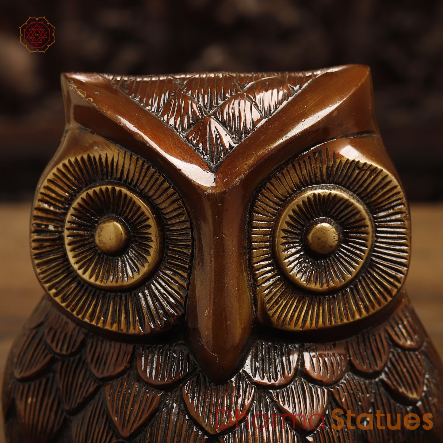 Brass Owl Statue, Copper with Golden Finish, 7.5"