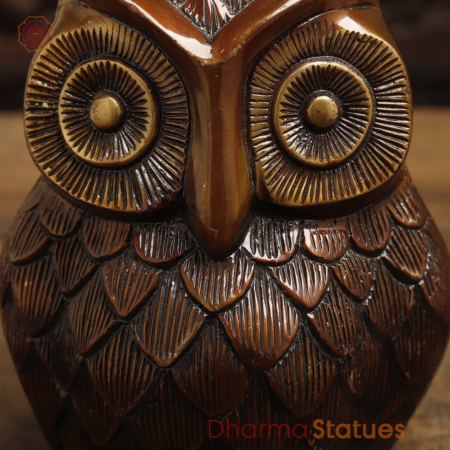 Brass Owl Statue, Copper with Golden Finish, 7.5"
