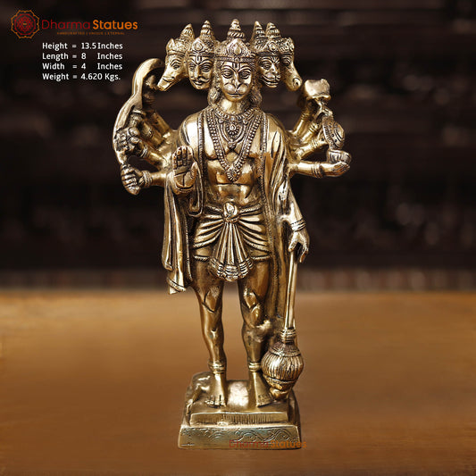 Brass Panchmukhi Hanuman, The Brass Statue Shows lord Hanuman. 13.5" Front View