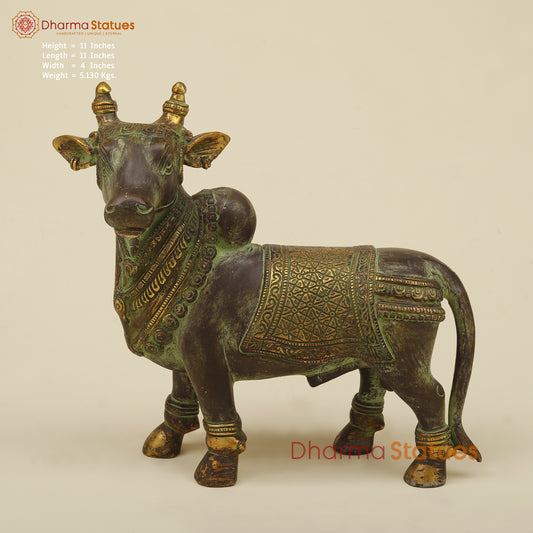 Brass Nandi Standing, Green Patina Finish with Golden Accent, 11"