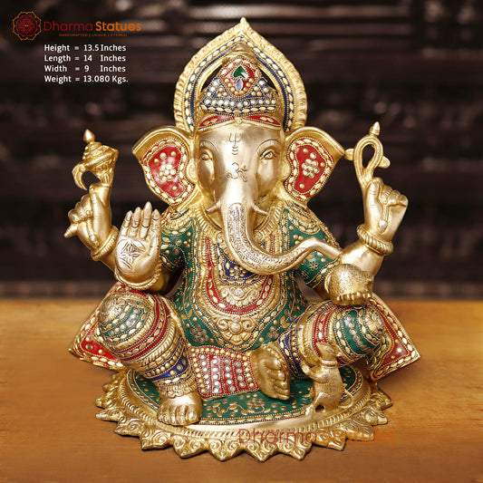 Brass Ganesh Sitting On Lotus Base, Golden Finish & Stonework, 13.5"