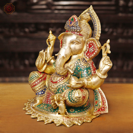 Brass Ganesh Sitting On Lotus Base, Golden Finish & Stonework, 13.5"
