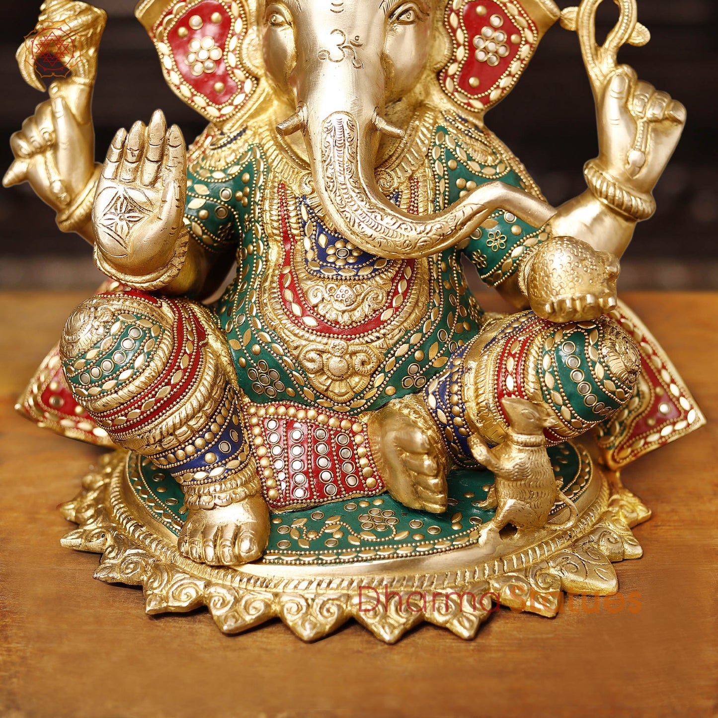 Brass Ganesh Sitting On Lotus Base, Golden Finish & Stonework, 13.5"