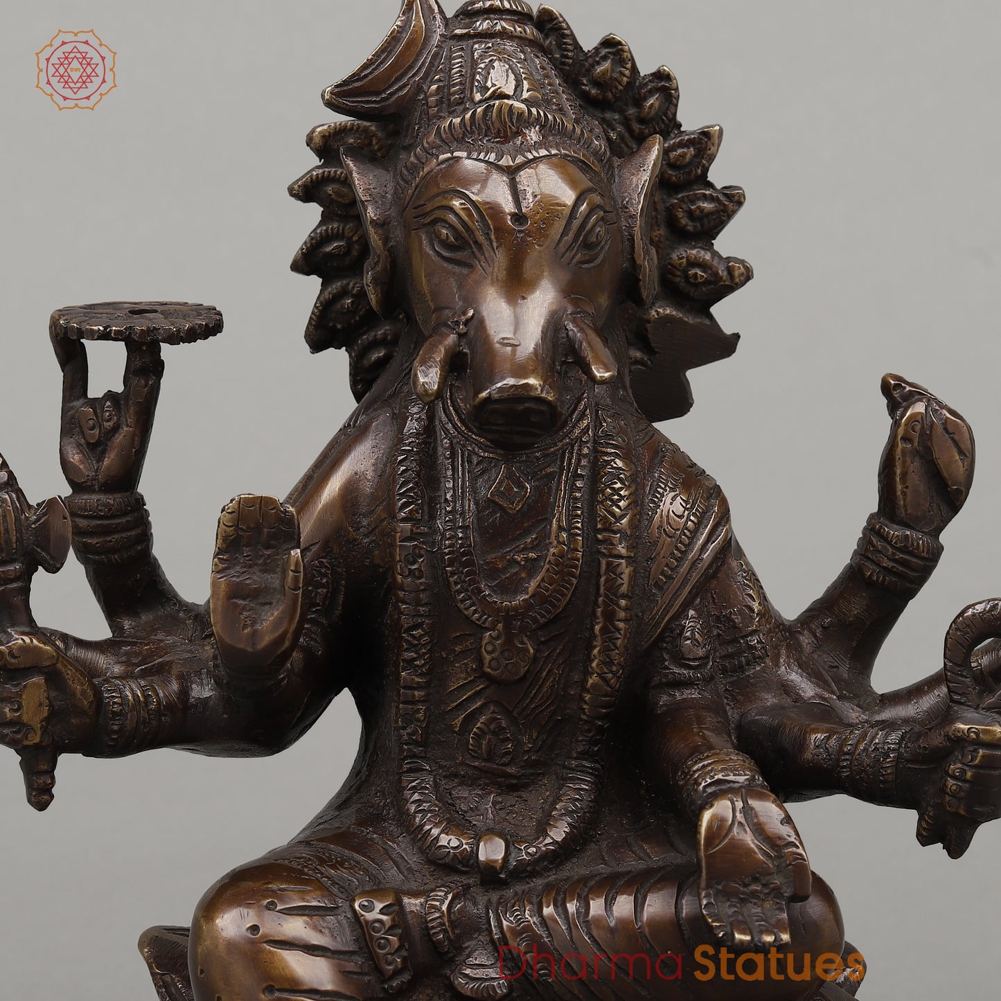 Brass Varahi with Eight Armed Seated, Copper Finish, 8.5"