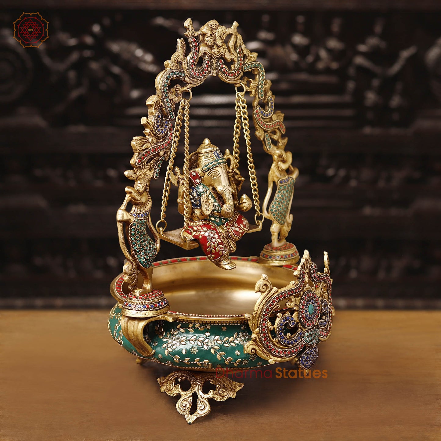 Brass Ganesh Urli With Swing, Golden finish with Stone Work, 20"