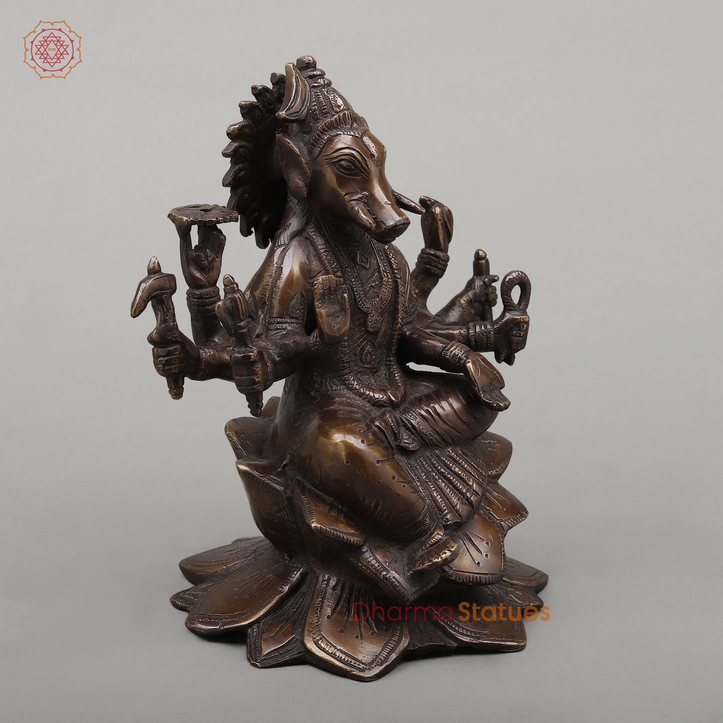 Brass Varahi with Eight Armed Seated, Copper Finish, 8.5"