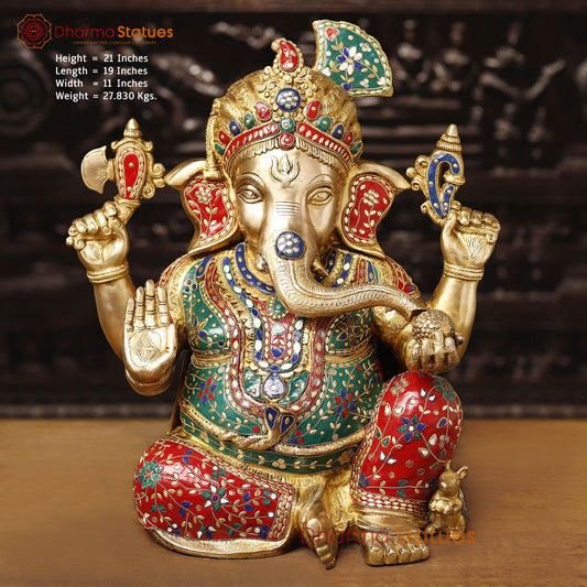 Brass Ganesh Sitting With Turban, Stone Work. 21" Front View