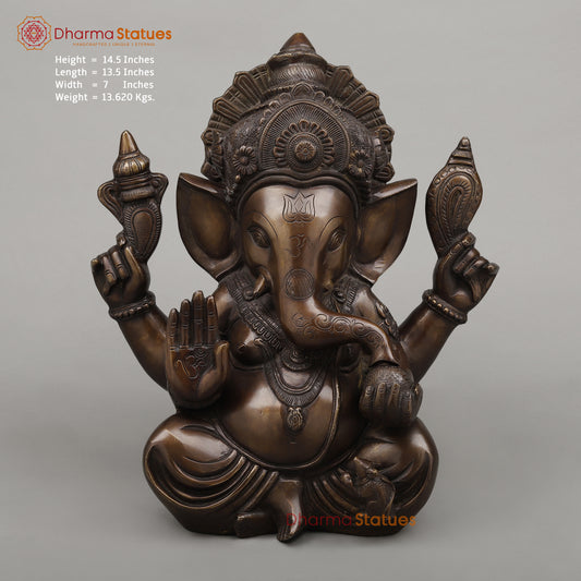 Brass Ganesh seated in Blessing Posture, Copper Finish, 14.5"