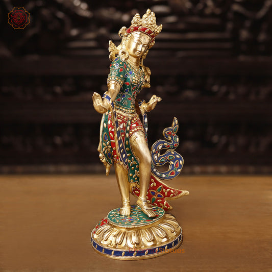 Brass Tara Statue, Adorned with Intricate Stone Work with Golden Finish 15"