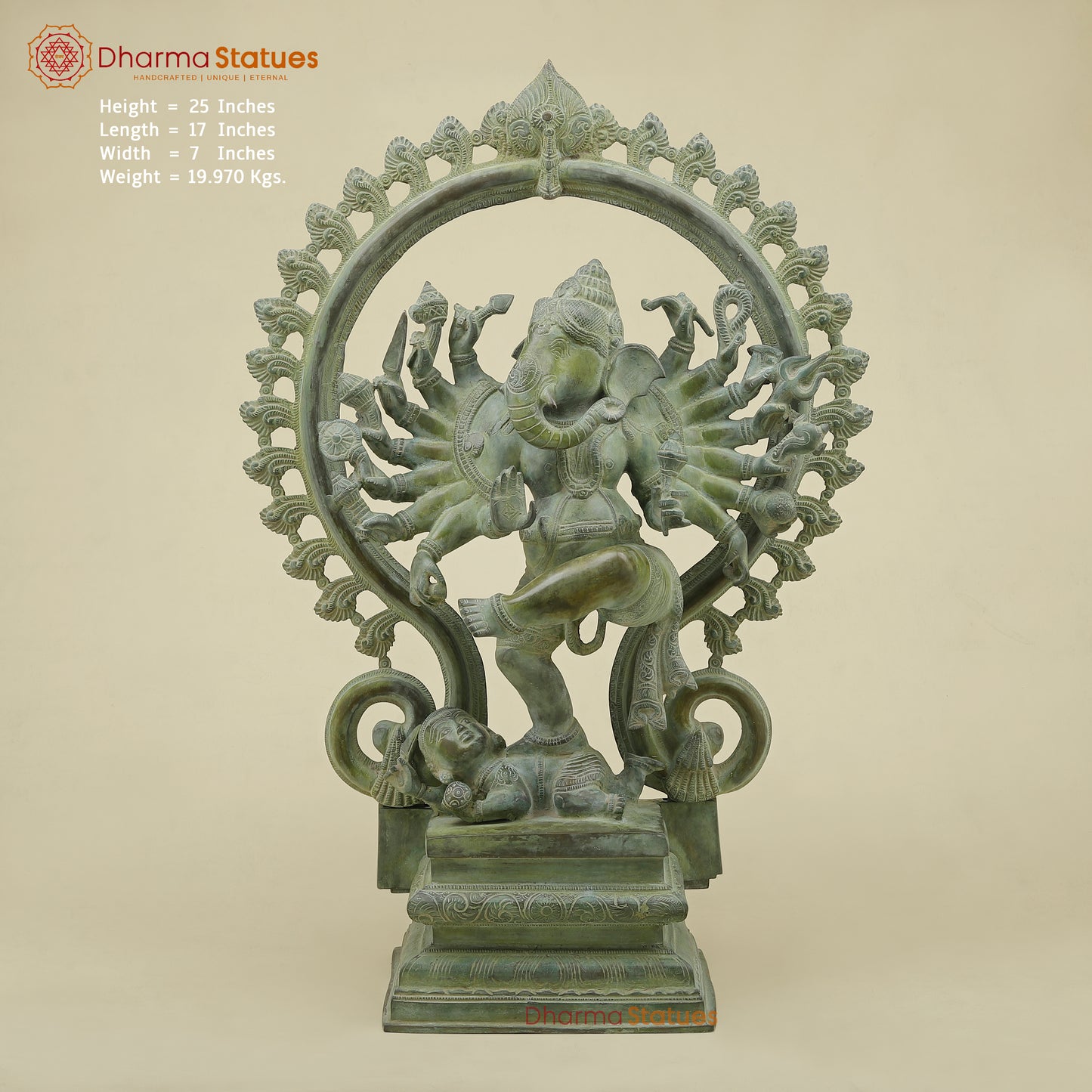 Brass Dancing Ganesh with Many Arms & Frame, Green Patina Finish, 25"