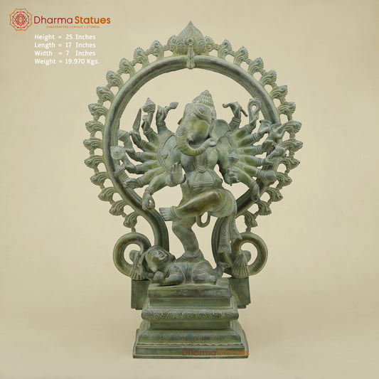 Brass Dancing Ganesh with Many Arms & Frame, Green Patina Finish, 25"