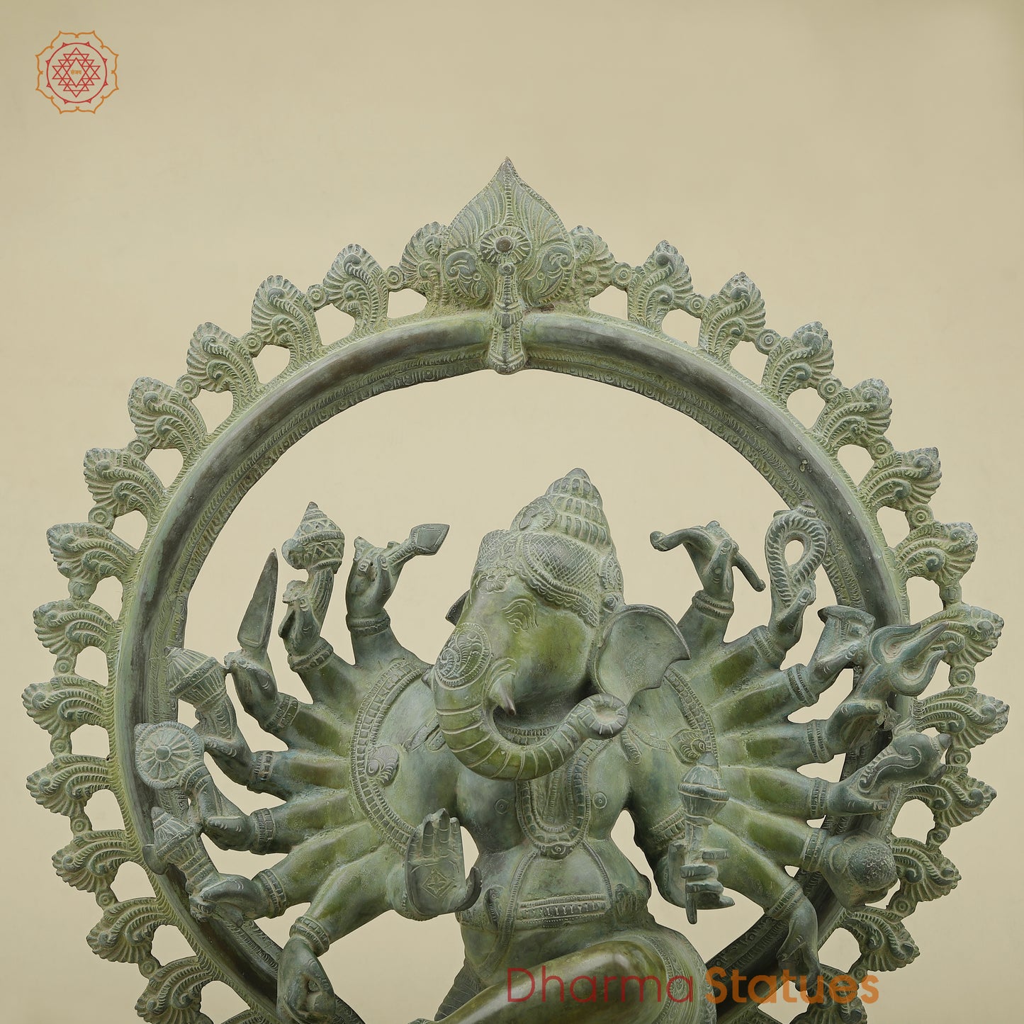 Brass Dancing Ganesh with Many Arms & Frame, Green Patina Finish, 25"