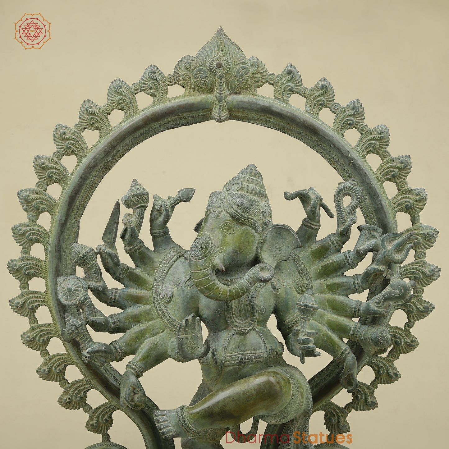 Brass Dancing Ganesh with Many Arms & Frame, Green Patina Finish, 25"