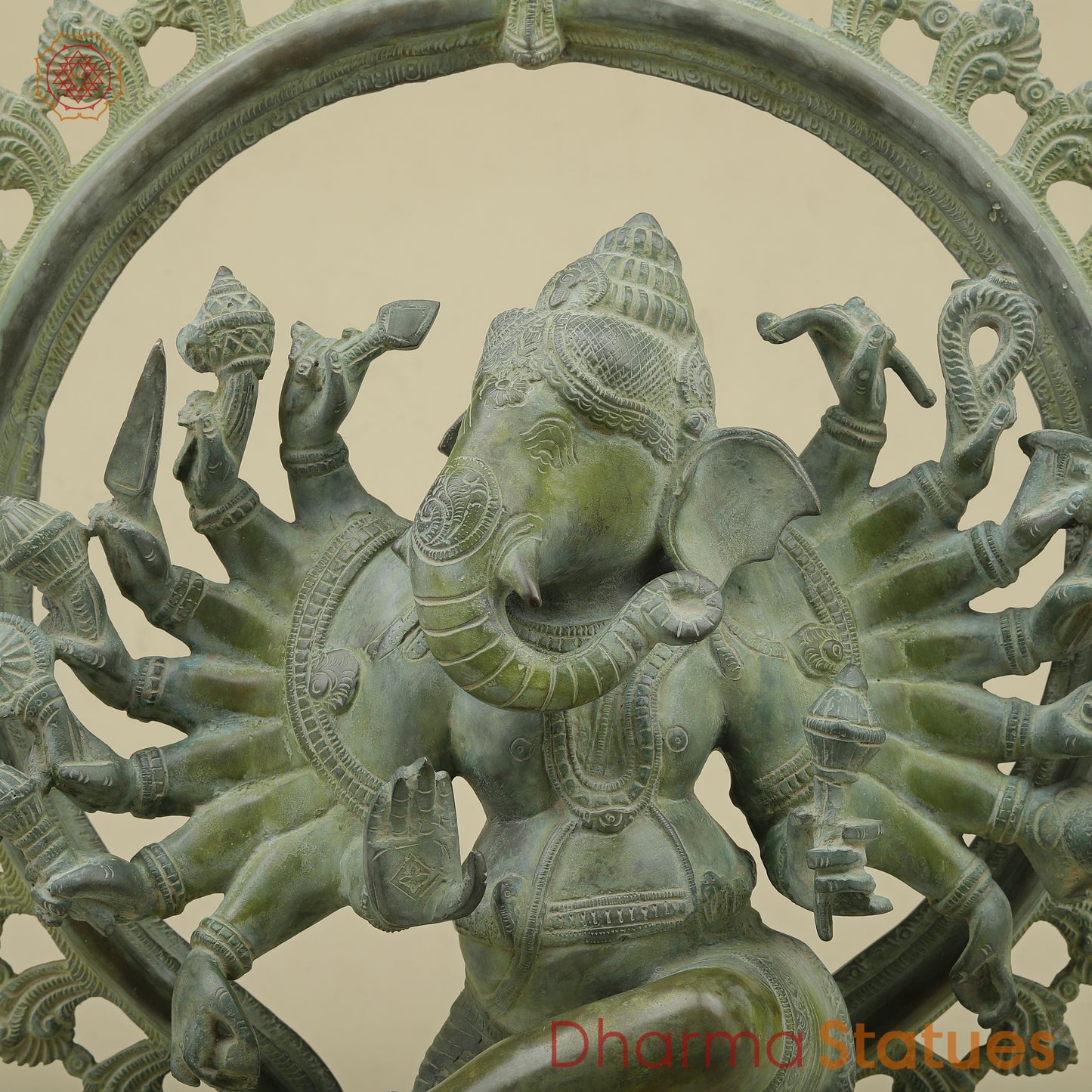 Brass Dancing Ganesh with Many Arms & Frame, Green Patina Finish, 25"