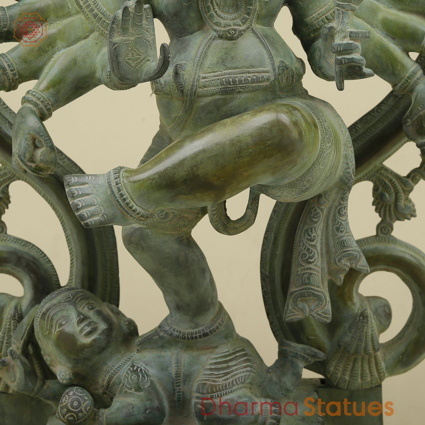Brass Dancing Ganesh with Many Arms & Frame, Green Patina Finish, 25"