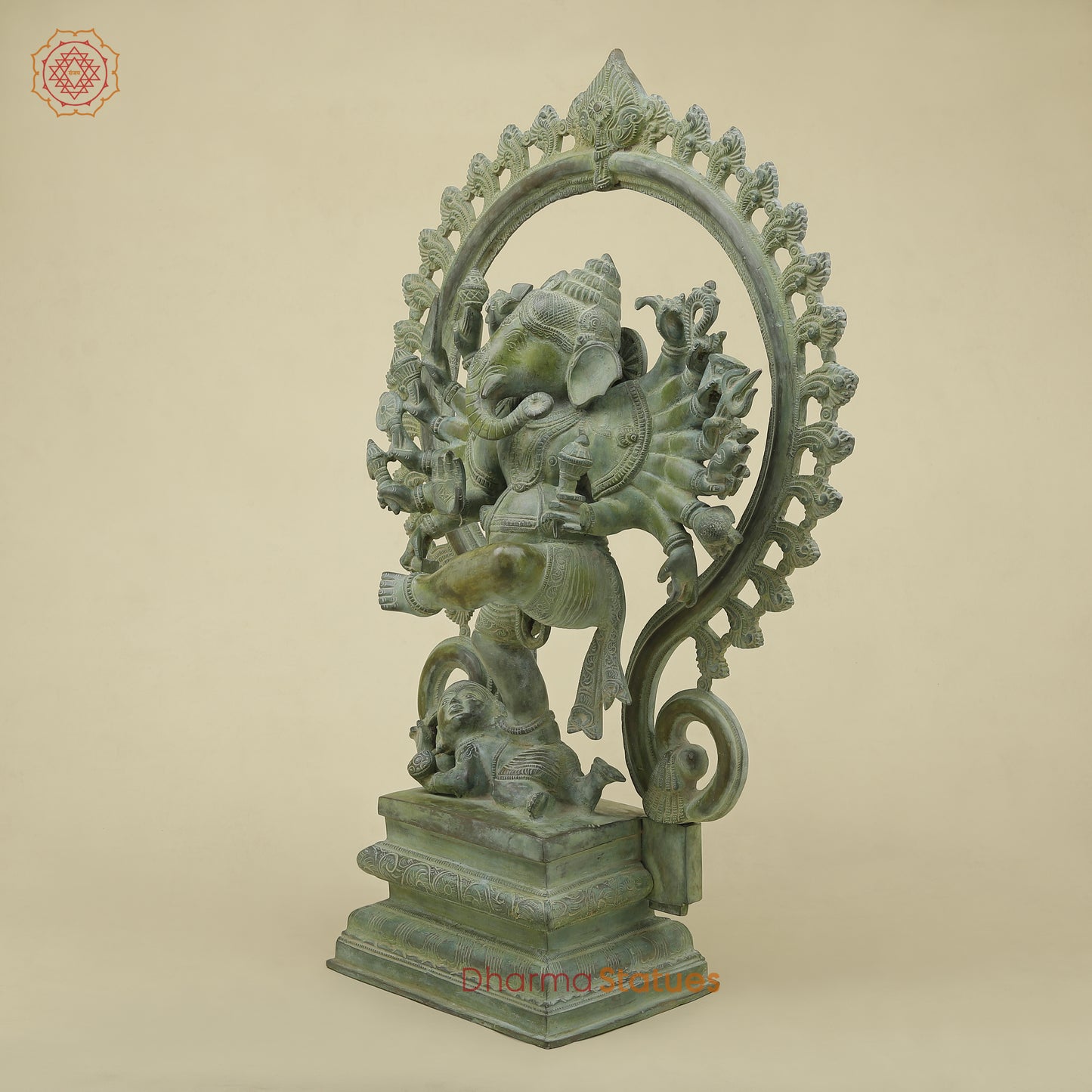 Brass Dancing Ganesh with Many Arms & Frame, Green Patina Finish, 25"