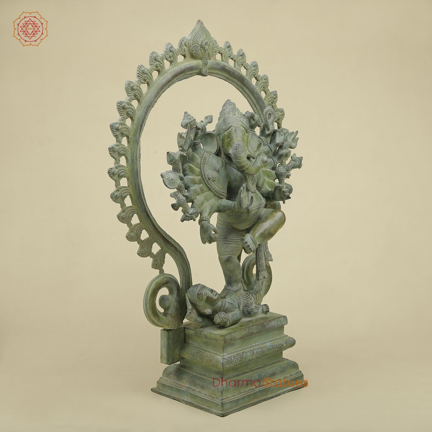 Brass Dancing Ganesh with Many Arms & Frame, Green Patina Finish, 25"