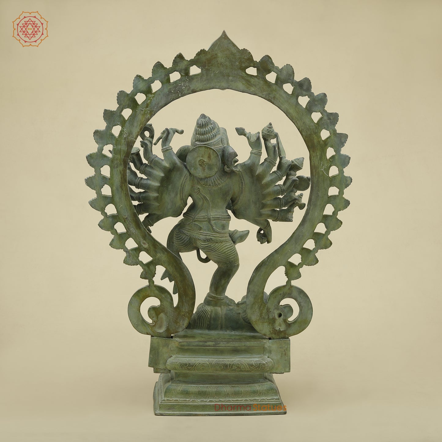 Brass Dancing Ganesh with Many Arms & Frame, Green Patina Finish, 25"