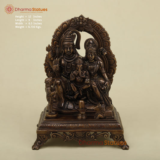 Brass Shiva Parivar Pedestal Sculpture, Copper Finish, 12"