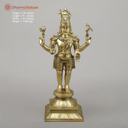 Brass Shiva Standing on Pedestal, Fine Golden Finish, 18"