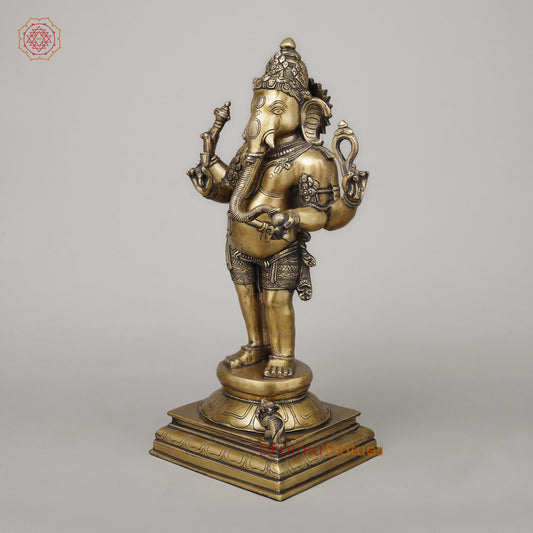 Brass Chaturbhuja Ganesha Standing, Fine Golden Finish, 19.5"