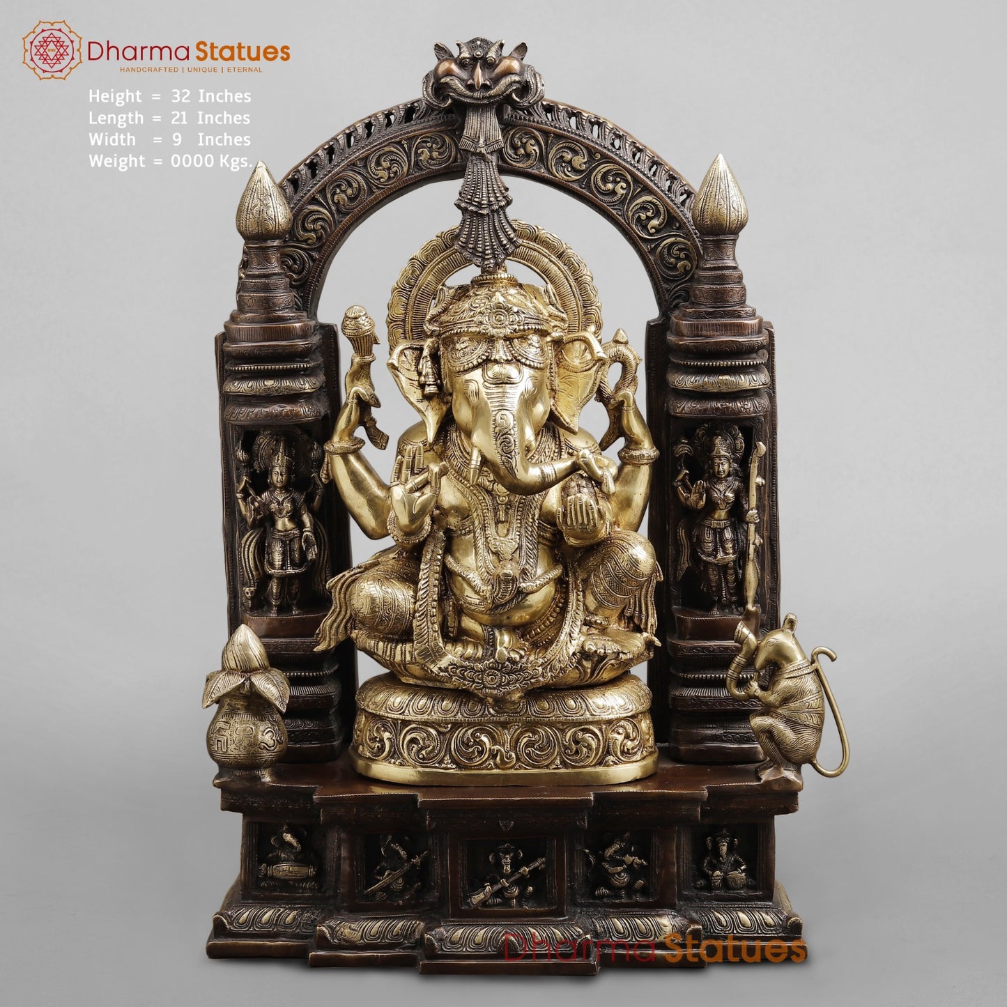 Brass Ganesh seated In Temple, Copper and Smooth Finish 32”