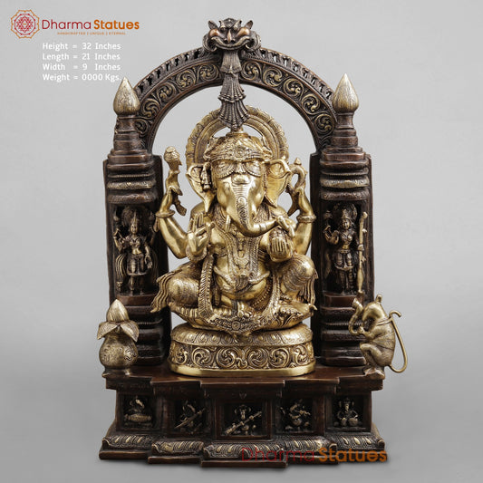 Brass Ganesh seated In Temple, Copper and Smooth Finish 32”