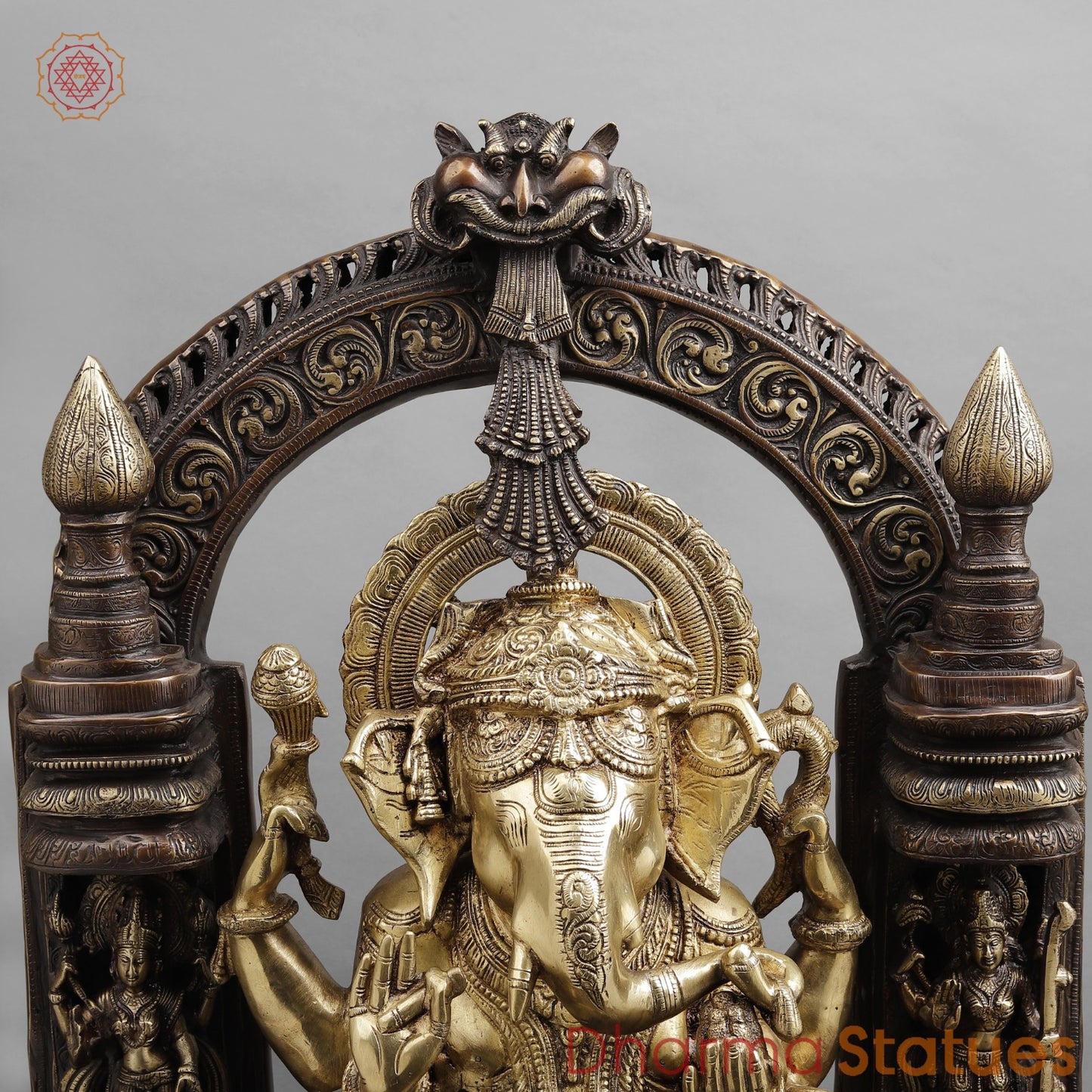 Brass Ganesh seated In Temple, Copper and Smooth Finish 32”