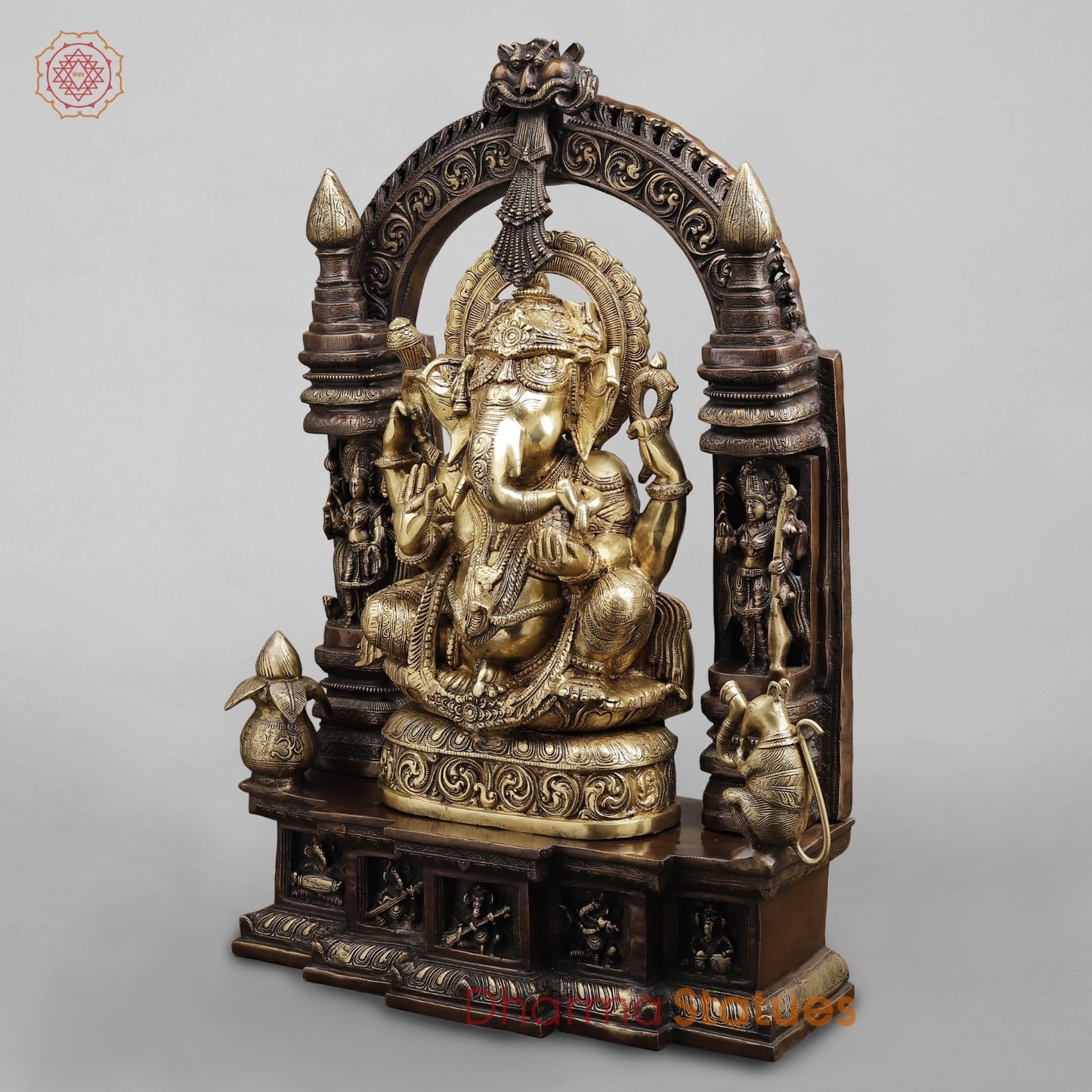 Brass Ganesh seated In Temple, Copper and Smooth Finish 32”