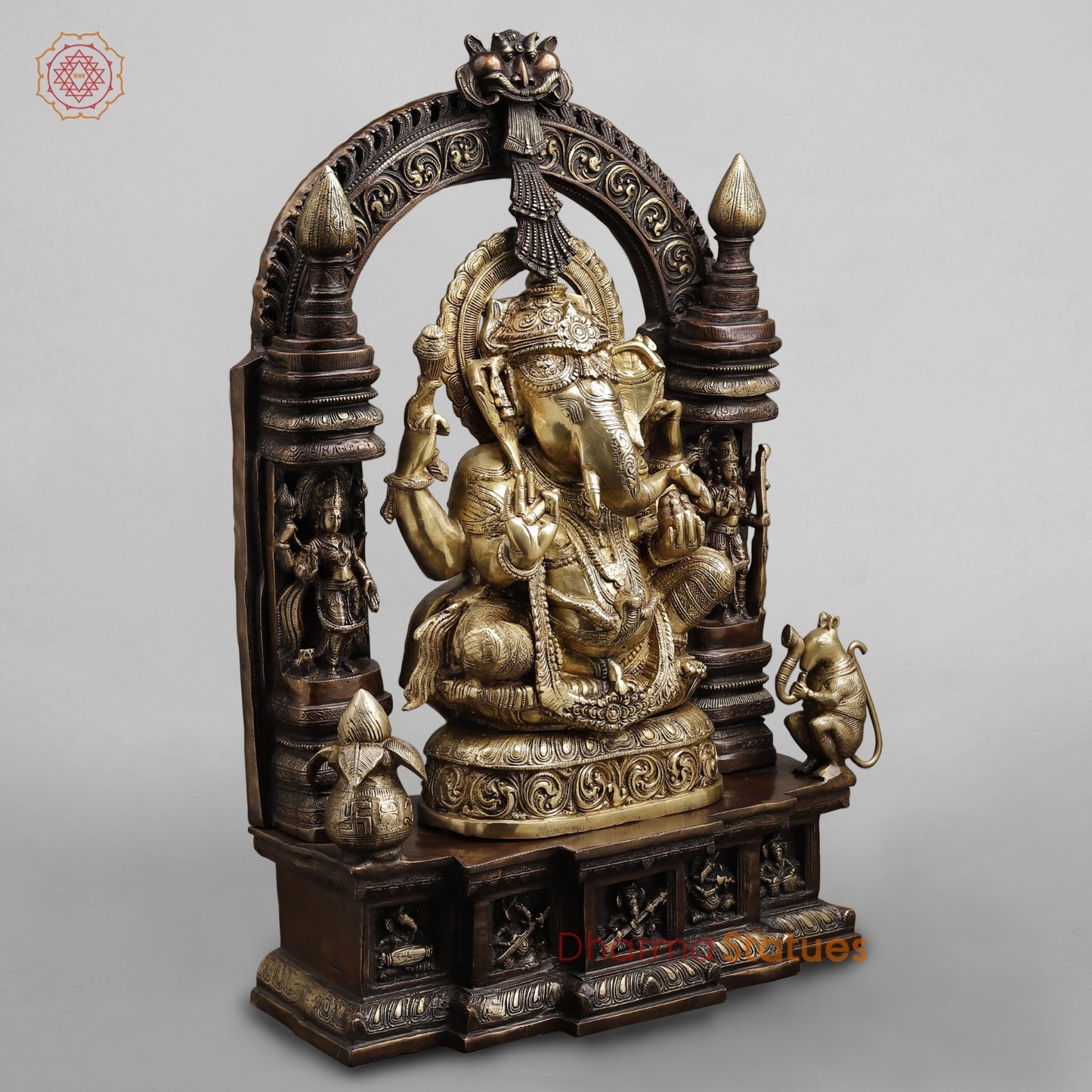 Brass Ganesh seated In Temple, Copper and Smooth Finish 32”