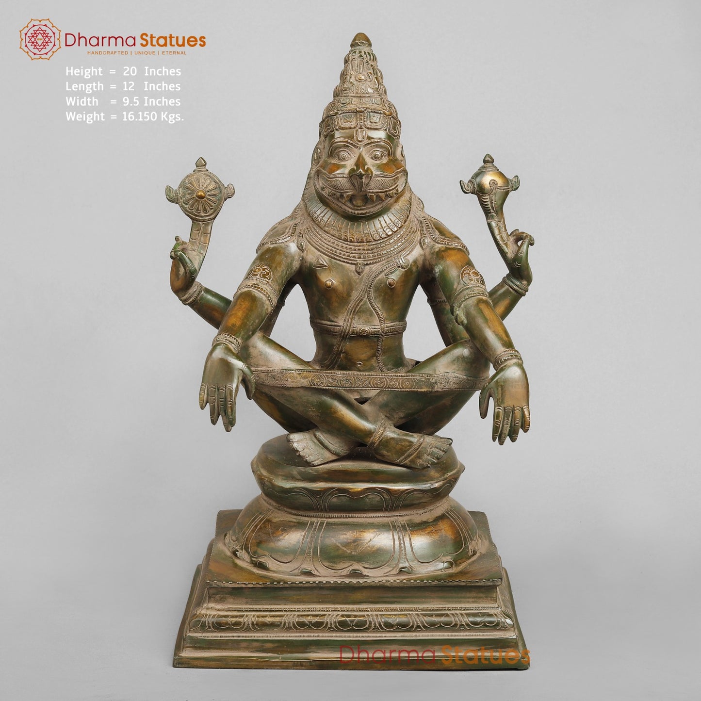 Brass Narsimha Seated, Brass Green Patina 20”