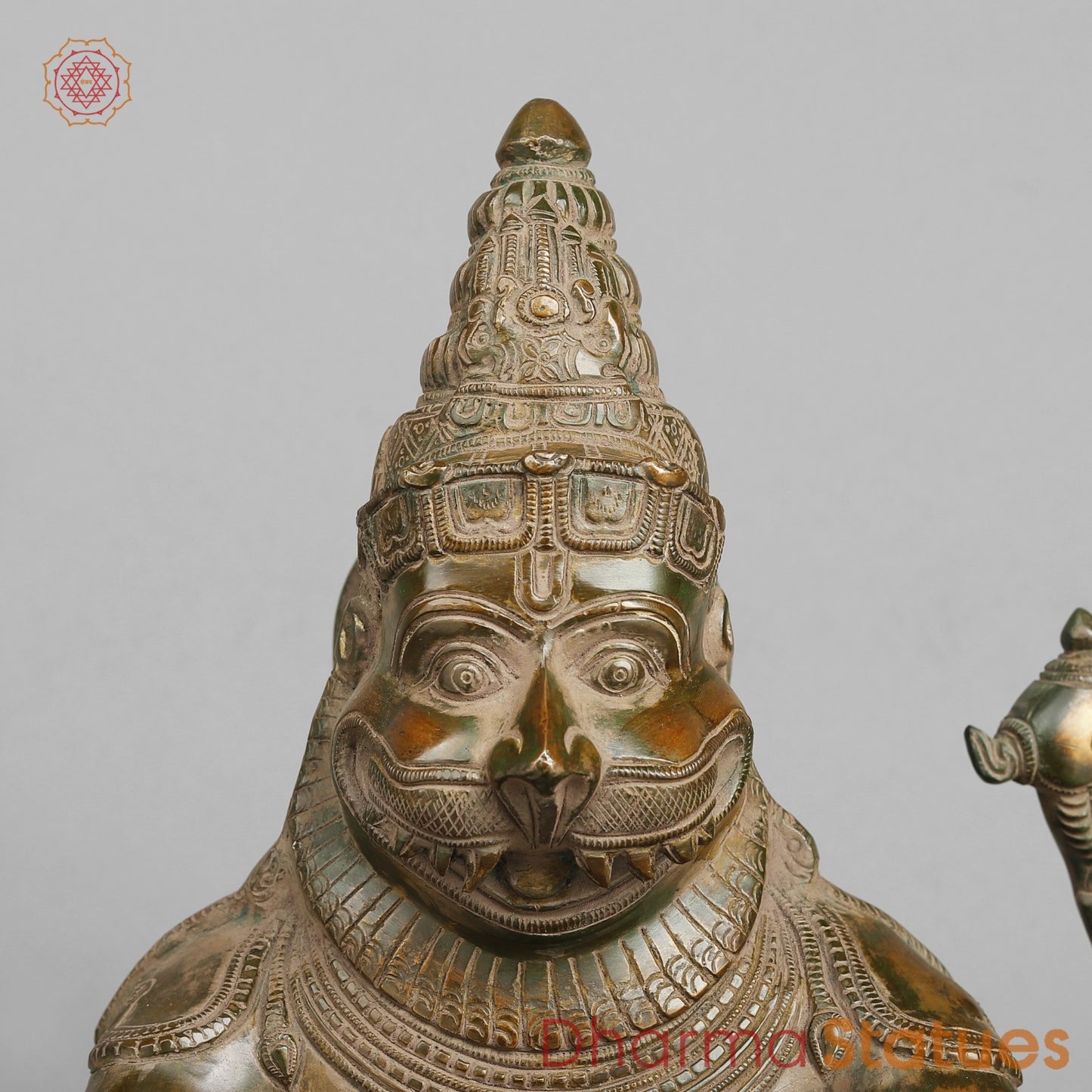 Brass Narsimha Seated, Brass Green Patina 20”