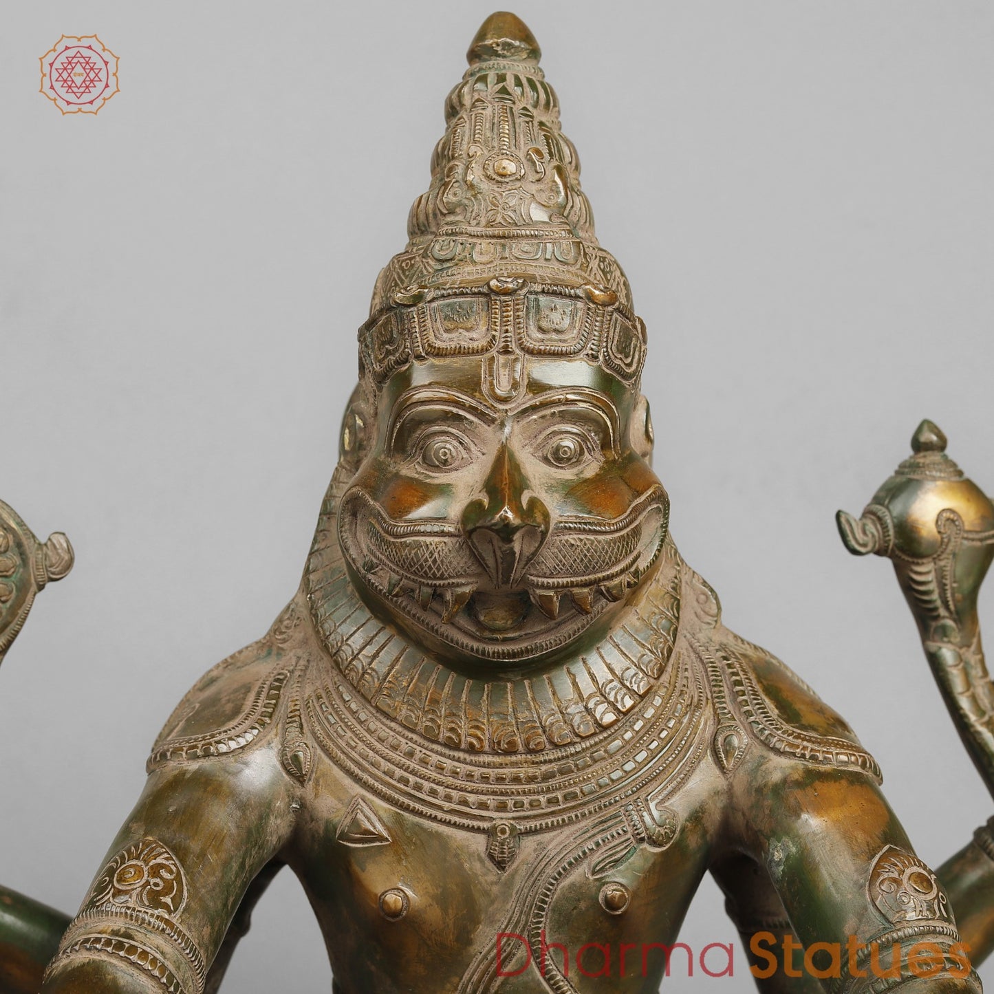 Brass Narsimha Seated, Brass Green Patina 20”
