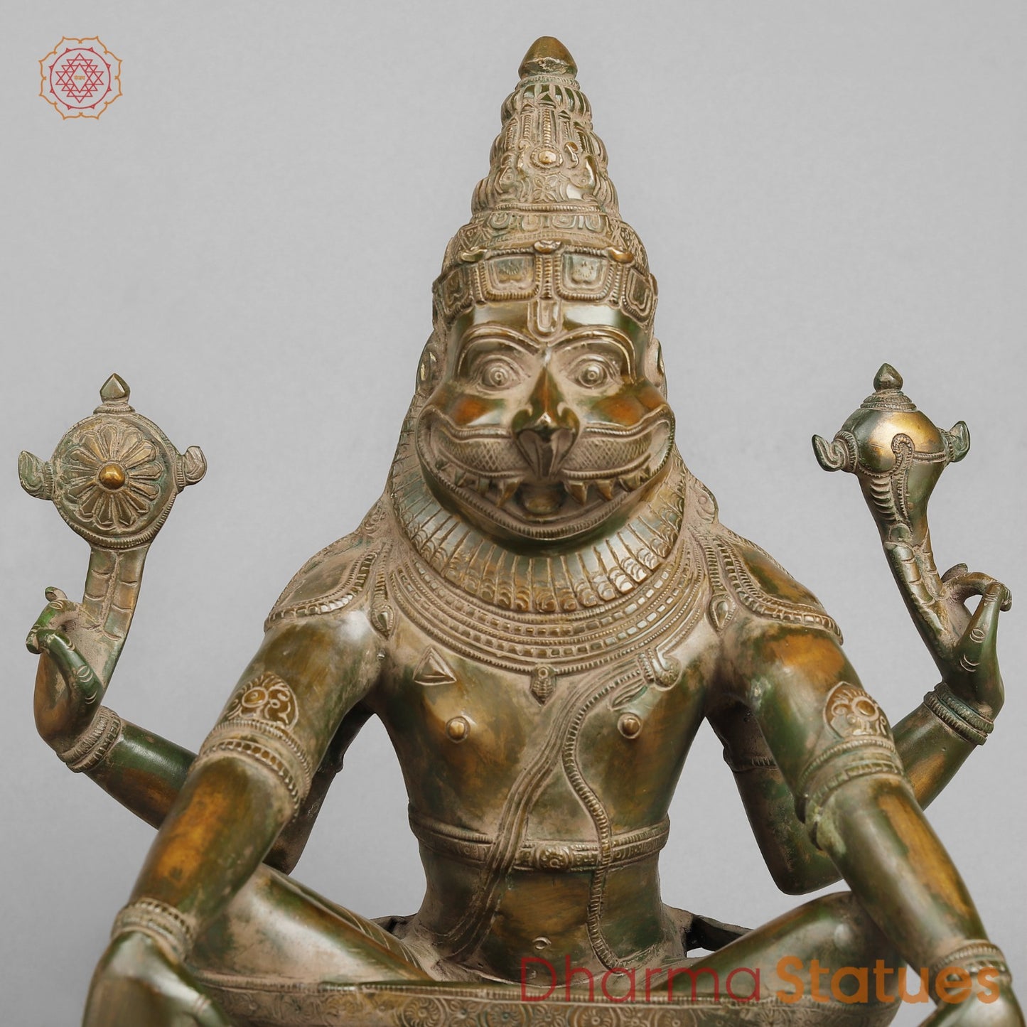 Brass Narsimha Seated, Brass Green Patina 20”