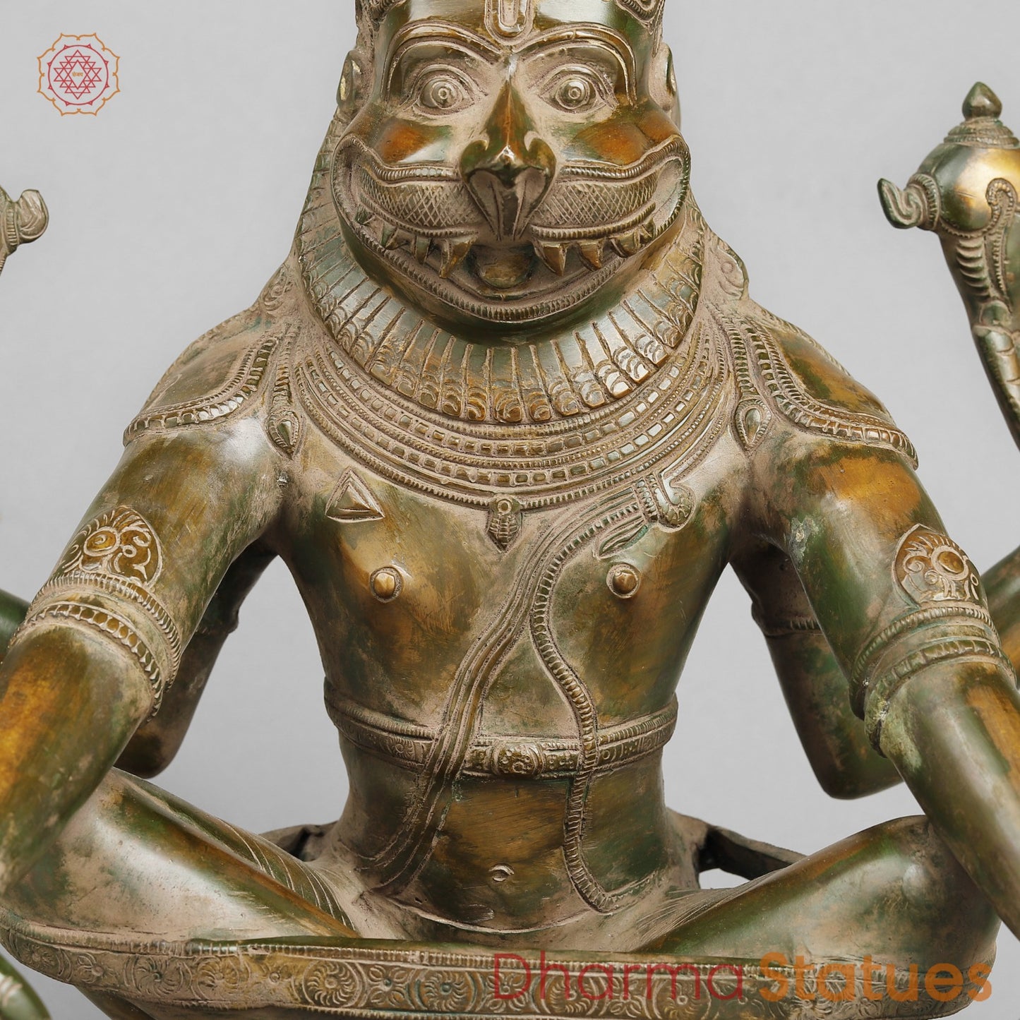 Brass Narsimha Seated, Brass Green Patina 20”