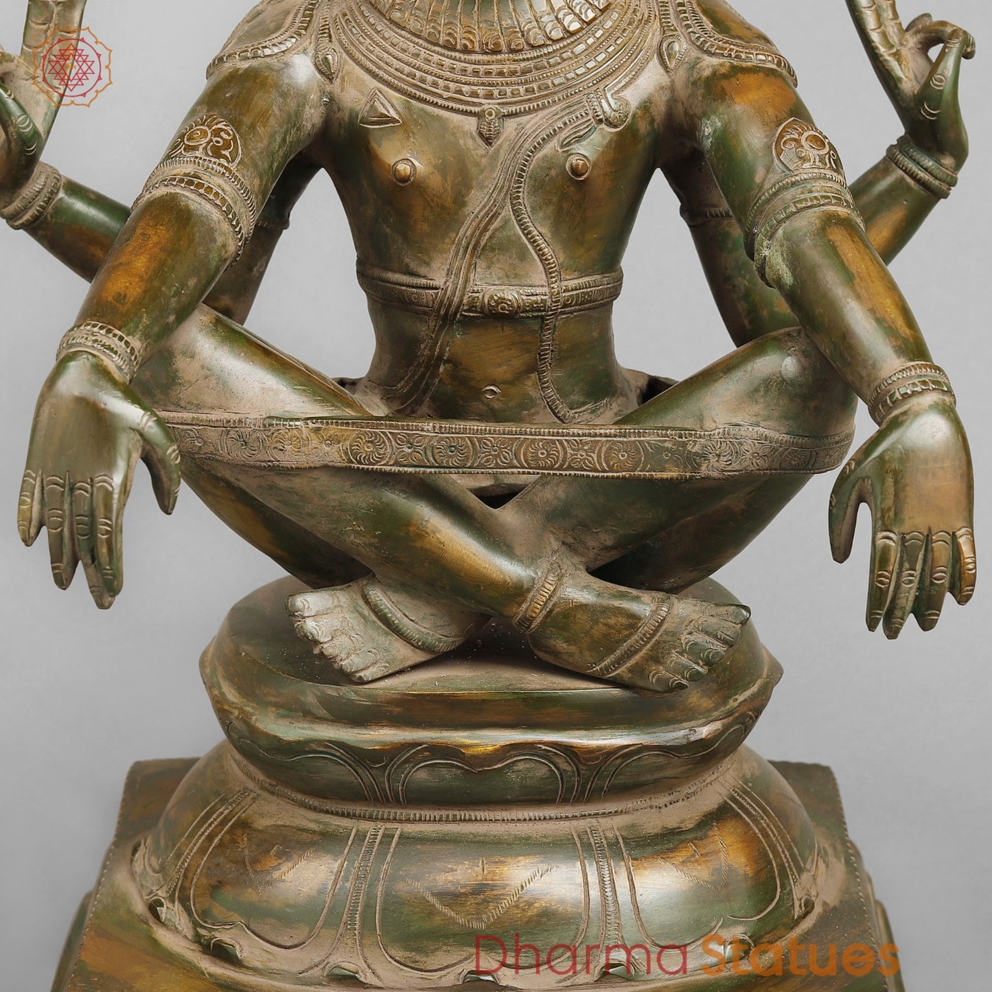 Brass Narsimha Seated, Brass Green Patina 20”