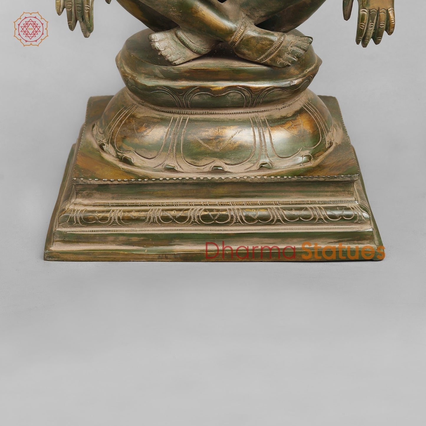 Brass Narsimha Seated, Brass Green Patina 20”