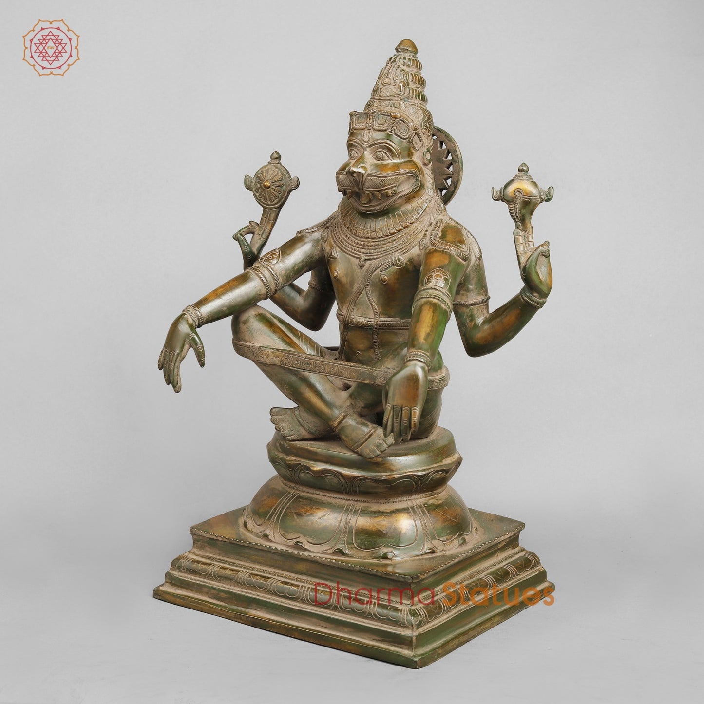 Brass Narsimha Seated, Brass Green Patina 20”