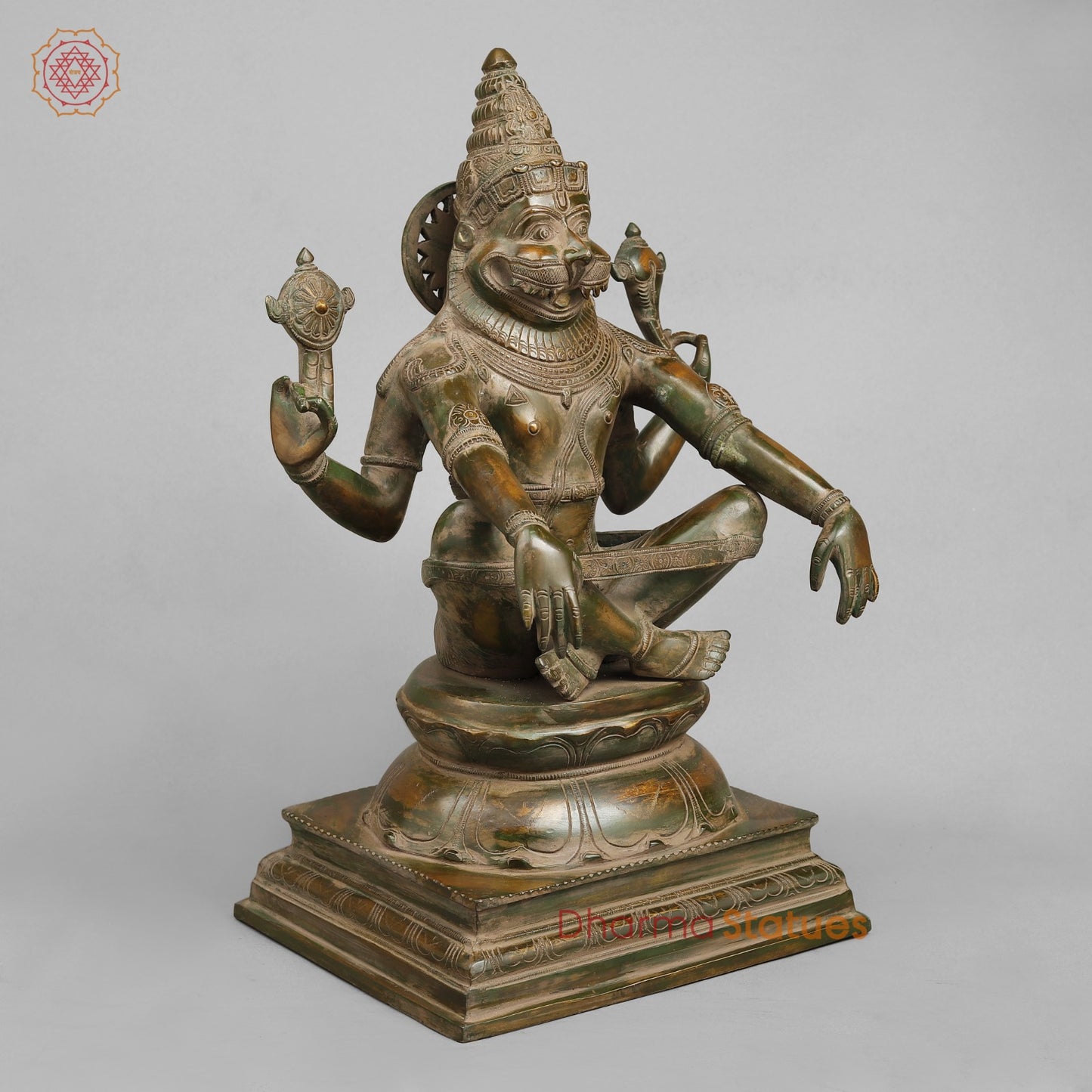 Brass Narsimha Seated, Brass Green Patina 20”