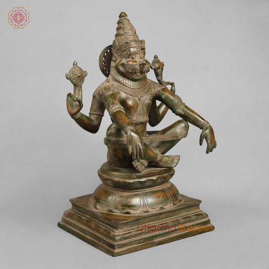 Brass Narsimha Seated, Brass Green Patina 20”