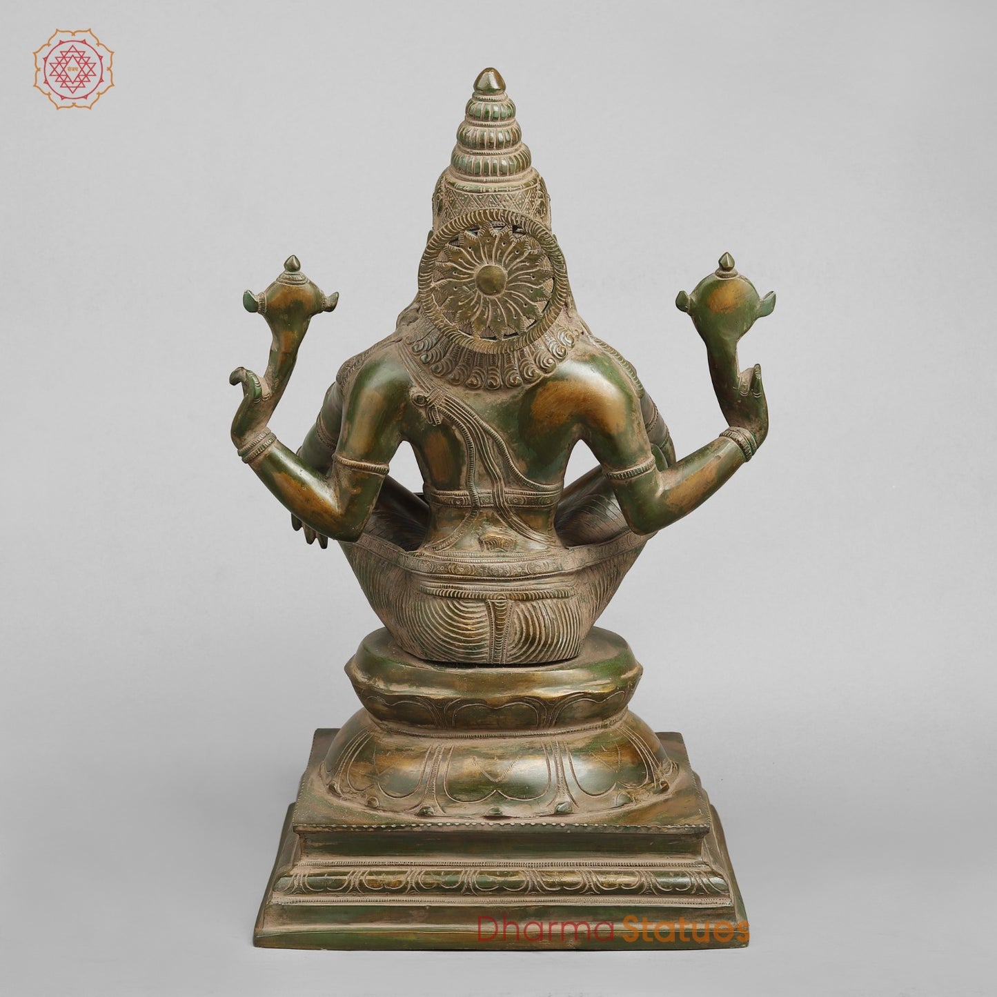 Brass Narsimha Seated, Brass Green Patina 20”