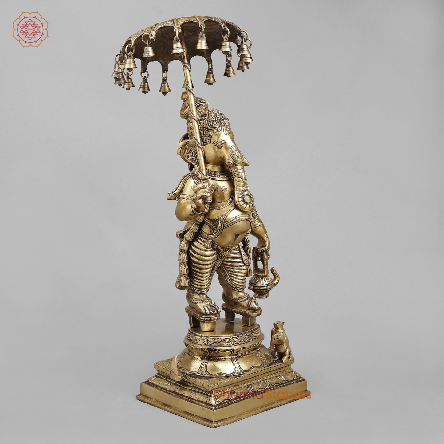 Brass Ganesh Standing Holding Umbrella, Antique finish 25.5”