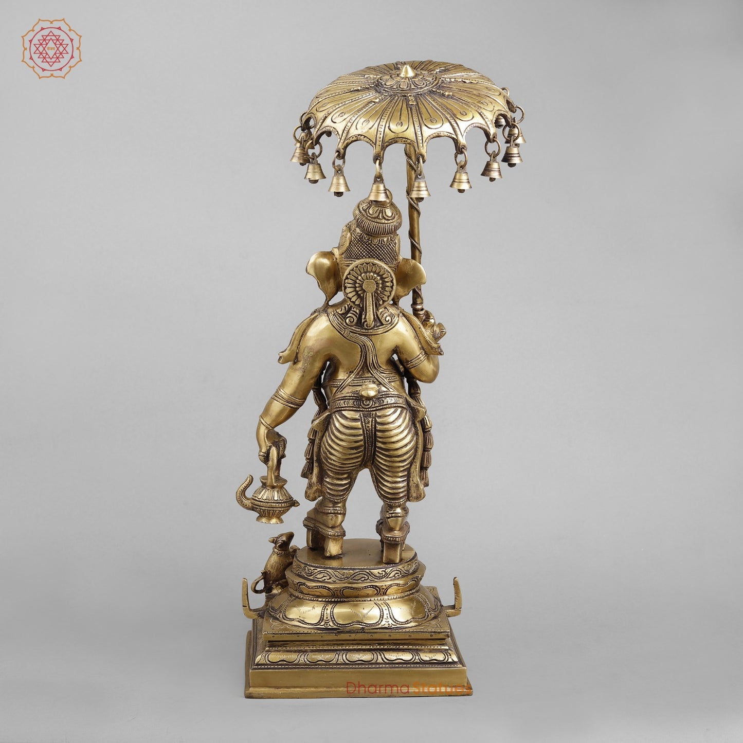 Brass Ganesh Standing Holding Umbrella, Antique finish 25.5”