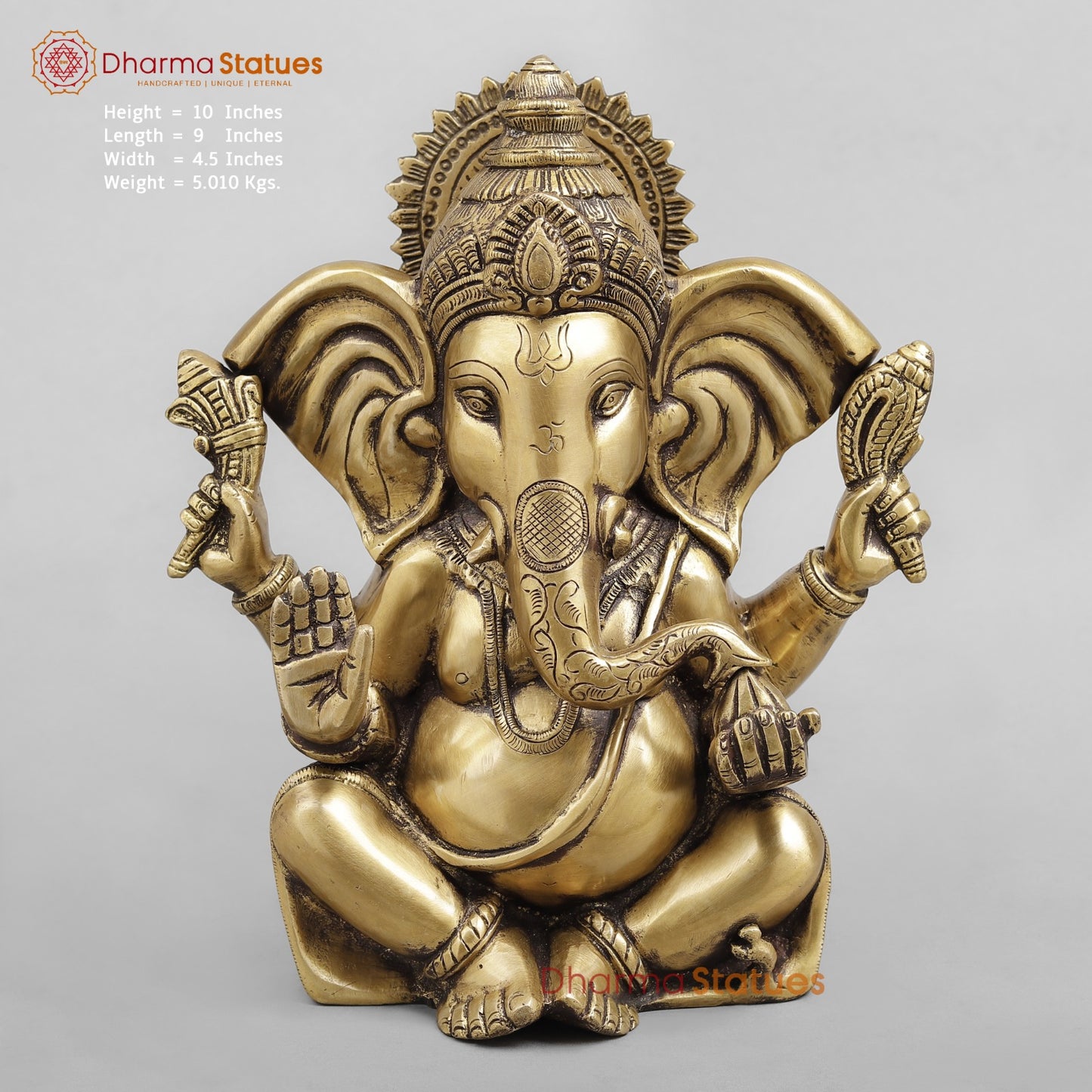 Brass Long Ear Ganesh Seated, Antique Finish 10”