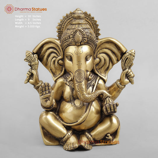 Brass Long Ear Ganesh Seated, Antique Finish 10”