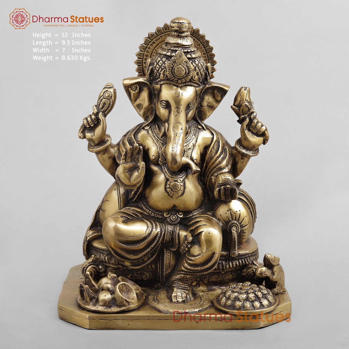 Brass Ganesh Seated Fruit and Sweets, Antique Finish 12”