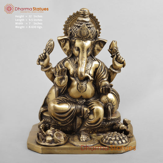 Brass Ganesh Seated Fruit and Sweets, Antique Finish 12”