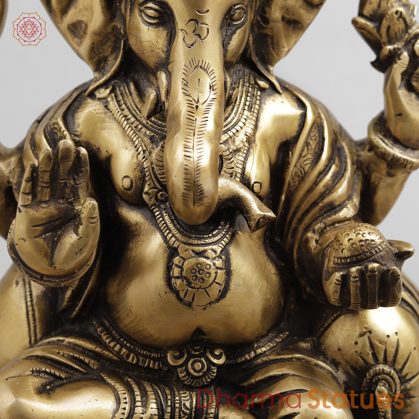 Brass Ganesh Seated Fruit and Sweets, Antique Finish 12”
