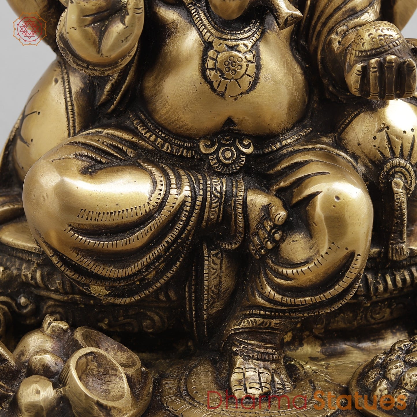 Brass Ganesh Seated Fruit and Sweets, Antique Finish 12”